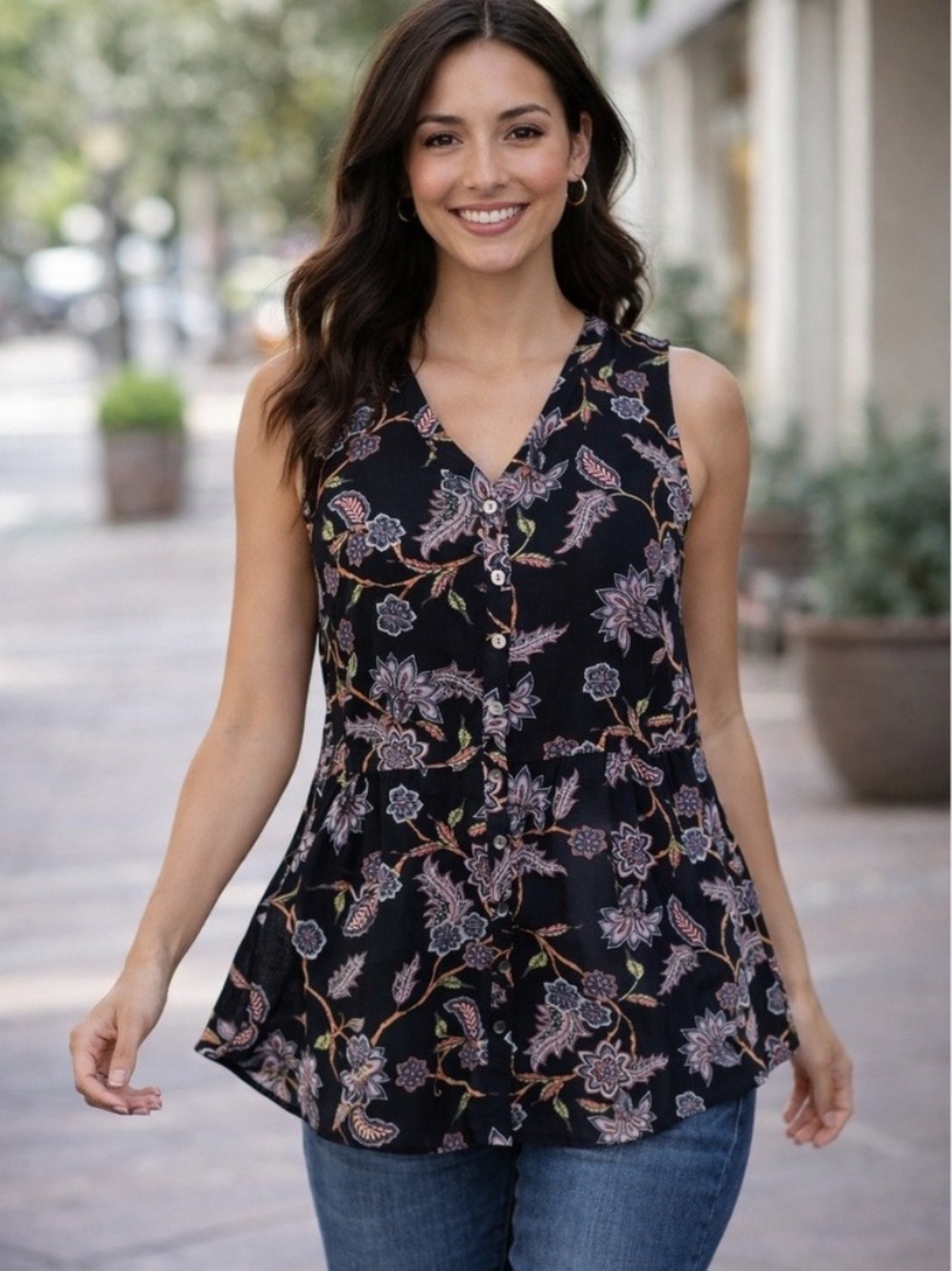 J. Jill Sleeveless V-Neck Floral Button-Front Tunic Top 3X